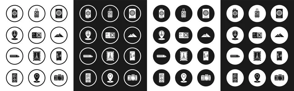 Set Passport with biometric data, Action extreme camera, Map pointer Eiffel Illustrazione stock