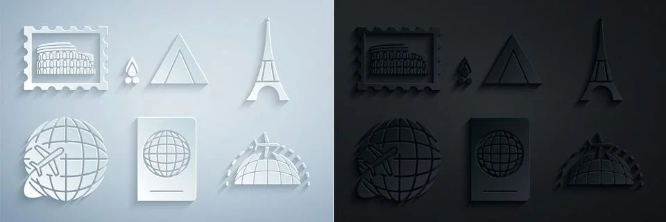 Set Passport with biometric data, Eiffel tower, Globe flying plane, Tourist tent Illustrazione stock