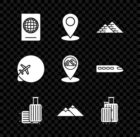 Set Passport with biometric data, Map pin, Egypt pyramids, Suitcase for travel Illustrazione stock