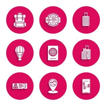 Set Passport with biometric data, Map pointer mountain, Infographic of city map Illustrazione stock