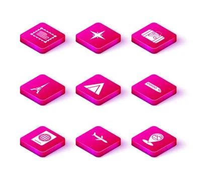 Set Passport with biometric data, Plane, Eiffel tower, Tourist tent, Map pointer Illustrazione stock