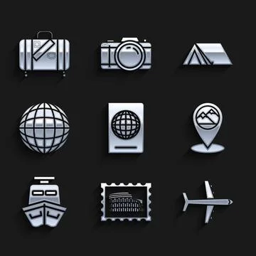 Set Passport with biometric data, Postal stamp and Coliseum, Plane, Map pointer Illustrazione stock