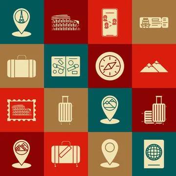 Set Passport with biometric data, Suitcase for travel, Mountains, Infographic of Illustration
