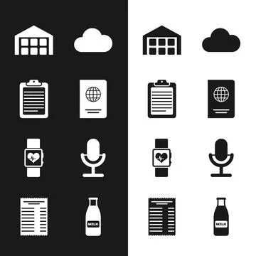 Set Passport, Clipboard with document, Warehouse, Cloud, Smart watch heart .. Stock Illustration