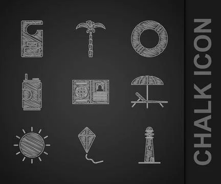 Set Passport, Kite, Lighthouse, Sunbed and umbrella, Soda can, Lifebuoy and.. Stock Illustration