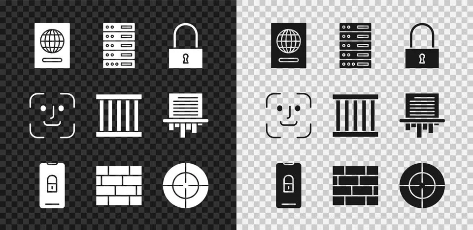 Set Passport, Server, Data, Web Hosting, Lock, Mobile with closed padlock Stock Illustration