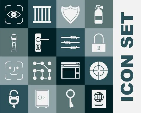 Set Passport, Target, Lock, Shield, Door handle, Watch tower, Eye scan and Stock Illustration
