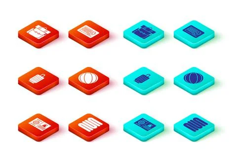 Set Passport, Towel stack, Suitcase, Beach ball, with visa stamp and Hiking Illustrazione stock