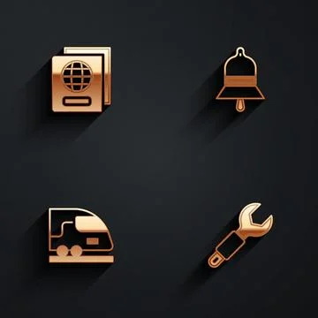 Set Passport, Train station bell, High-speed train and Wrench spanner icon with Stock Illustration