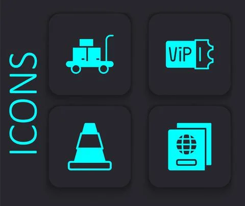 Set Passport, Trolley suitcase, Train ticket and Traffic cone icon. Black square Illustration