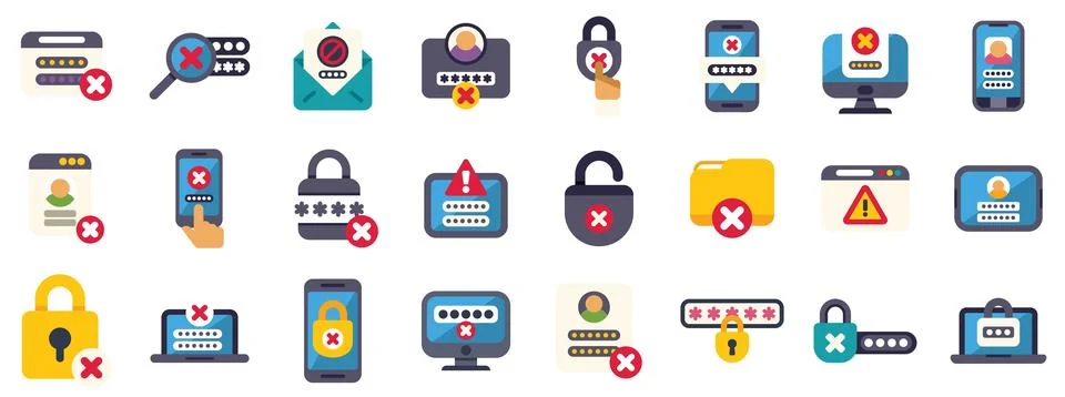Set of password protection and error icons showing login problems and security Stock Illustration