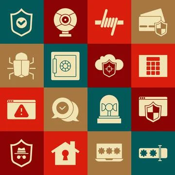 Set Password protection, Browser with shield, Barbed wire, Safe, System bug Stock Illustration