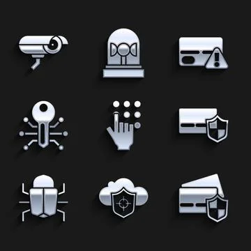 Set Password protection, Cloud and shield, Credit card with, System bug, Sm.. Stock Illustration