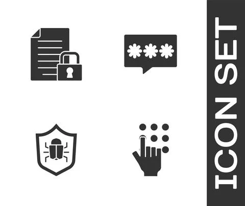 Set Password protection, Document and lock, System bug and icon. Vector Illustrazione stock