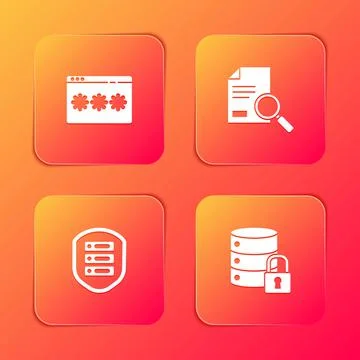 Set Password protection, Document with search, Server shield and security lock Stock Illustration