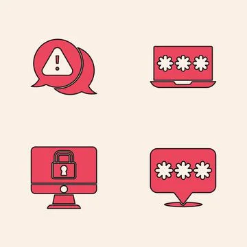 Set Password protection, Exclamation mark in triangle, Laptop with password and Stock Illustration