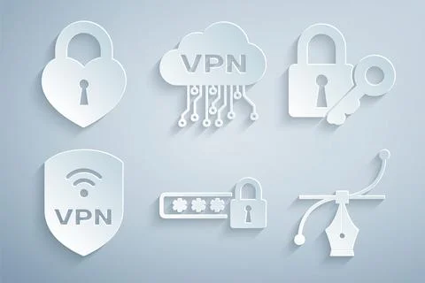 Set Password protection, Lock and key, Shield with VPN wireless, Bezier curve 스톡 일러스트