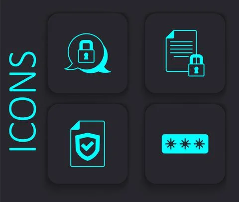 Set Password protection, Lock, Document and lock and Contract with shield icon Illustrazione stock