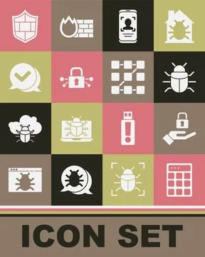 Set Password protection, Lock in hand, System bug, Mobile face recognition Illustrazione stock