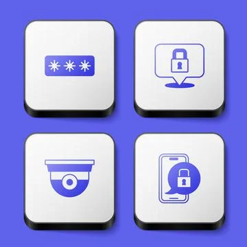 Set Password protection, Lock, Security camera and Mobile with closed padlock Stock Illustration