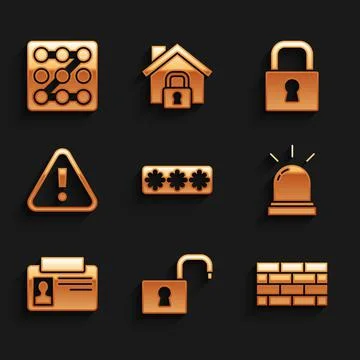 Set Password protection, Open padlock, Firewall, security wall, Motion sensor Illustrazione stock