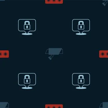 Set Password protection, Security camera and Lock on seamless pattern. Vector Illustrazione stock