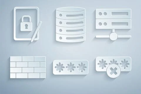 Set Password protection, Server, Data, Web Hosting, Firewall, security wall, and Stock Illustration