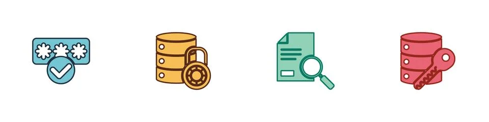 Set Password protection, Server security with lock, Document search and key icon Stock Illustration