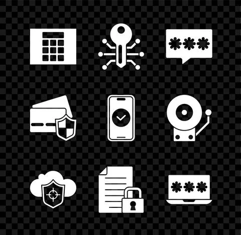 Set Password protection, Smart key, Cloud and shield, Document lock, Laptop with 스톡 일러스트