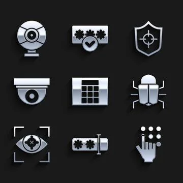 Set Password protection, System bug, Eye scan, Security camera, Shield and icon Stock Illustration