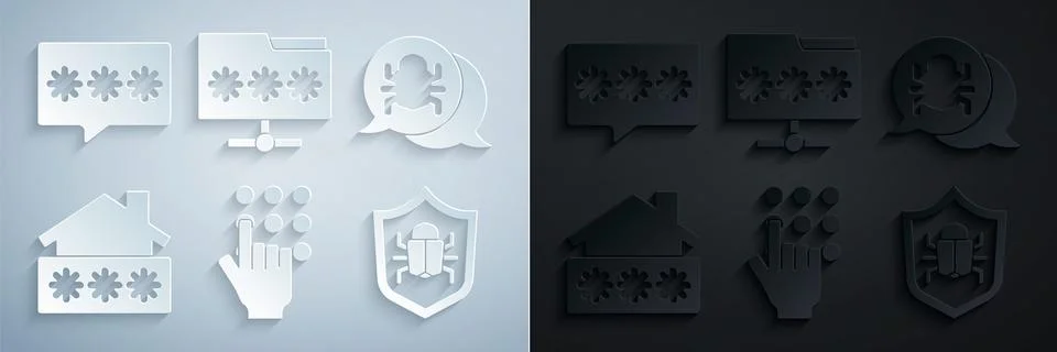 Set Password protection, System bug, House with password, Folder and icon Illustrazione stock