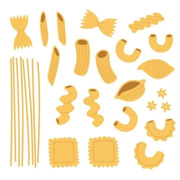Set of pasta and macaroni, various shapes and types. Hand-drawn vector illu.. Stock Illustration