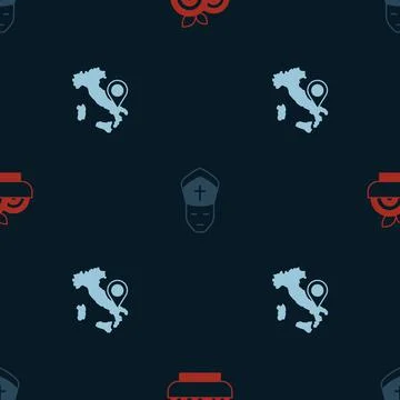 Set Pasta spaghetti, Pope and Map of Italy on seamless pattern. Vector 스톡 일러스트