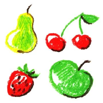 Set of pastel chalks drawing of juicy fruits. Pear, cherry, apple and strawberry Stock Illustration