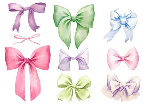 Set of pastel colored bows, hand drawn Stock Illustration