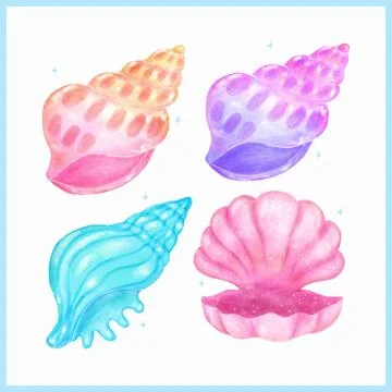 Set of Pastel Conch Seashell and Open Clam shell Blue and Pink Watercolor S.. Stock Illustration