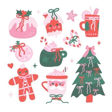 Set of Pastel Coquette Christmas elements - pine tree, Gingerbread house Stock Illustration