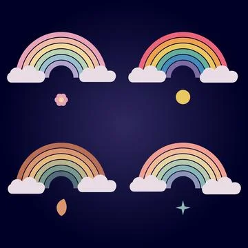 Set of pastel rainbow icons with clouds on dark blue background for nursery.. Иллюстрация