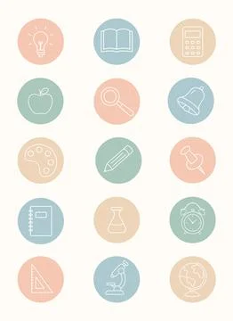 Set of pastel school icons in flat style including book pencil calculator g.. Stock Illustration
