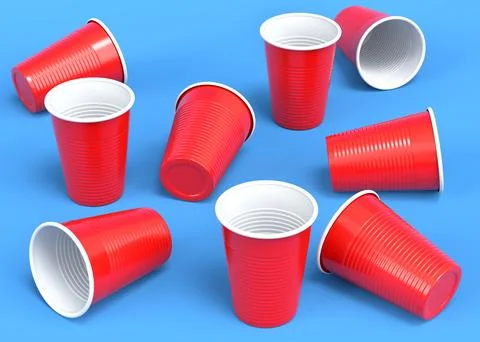 Set of pastic disposable party cup for juice, fresh, beer on blue background. Stock Illustration
