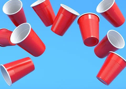 Set of pastic disposable party cup for juice, fresh, beer on blue background. Stock Illustration
