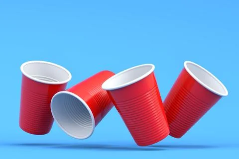Set of pastic disposable party cup for juice, fresh, beer on blue background. Stock Illustration