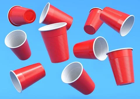 Set of pastic disposable party cup for juice, fresh, beer on blue background. Stock Illustration