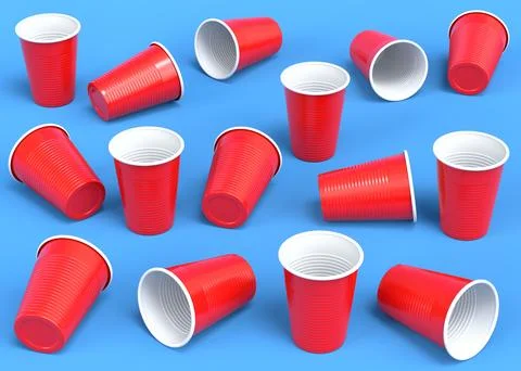 Set of pastic disposable party cup for juice, fresh, beer on blue background. Stock Illustration