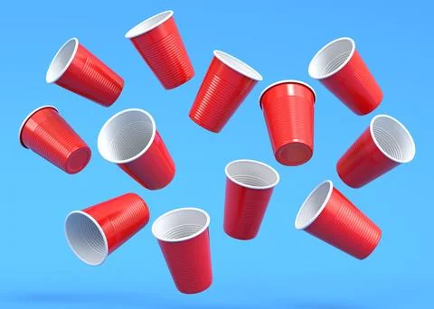 Set of pastic disposable party cup for juice, fresh, beer on blue background. Stock Illustration