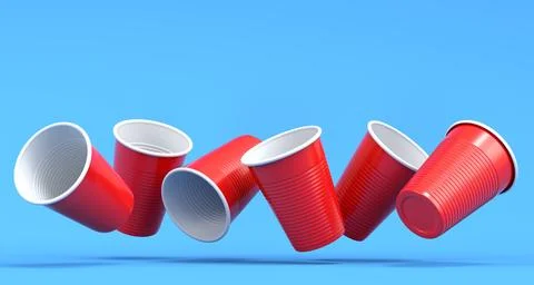 Set of pastic disposable party cup for juice, fresh, beer on blue background. Stock Illustration
