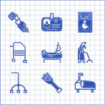 Set Patient with broken leg, Prosthesis, Hospital bed, Grandmother, Walking Illustration