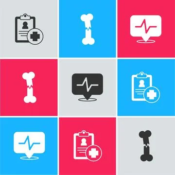 Set Patient record, Human broken bone and Heart rate icon. Vector Stock Illustration