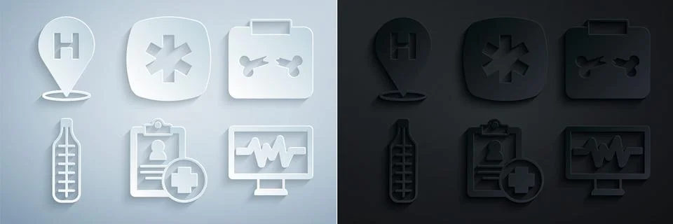 Set Patient record, X-ray shots with broken bone, Medical thermometer, Moni.. Stock Illustration