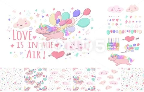 Set pattern and decor element with flying unicorn holds colorful balls in its Stock Illustration